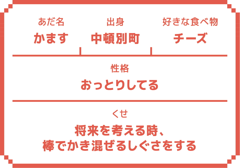 あだ名:かます 出身:中頓別町 好きな食べ物:チーズ 性格:おっとりしてる くせ:将来を考える時、棒でかき混ぜるしぐさをする