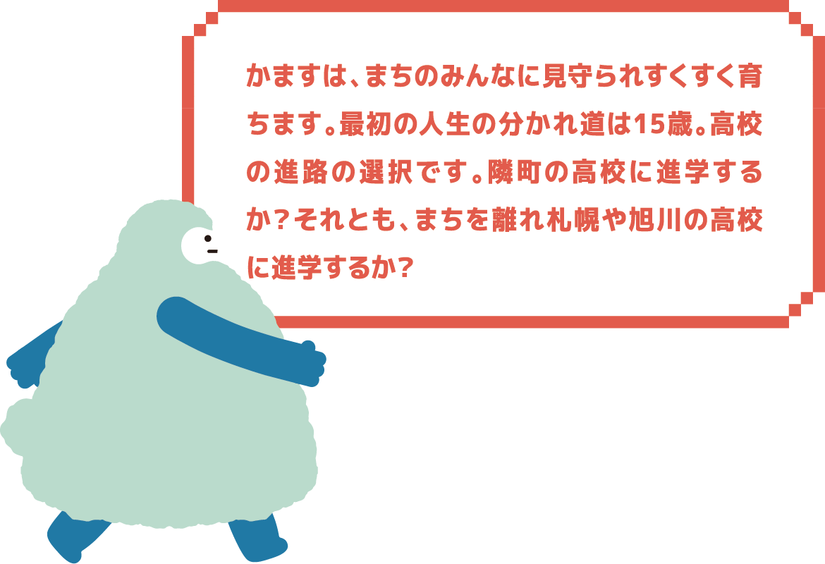 かますは、まちのみんなに見守られすくすく育ちます。最初の人生の分かれ道は15歳。高校の進路の選択です。隣町の高校に進学するか？それとも、まちを離れ札幌や旭川の高校に進学するか？